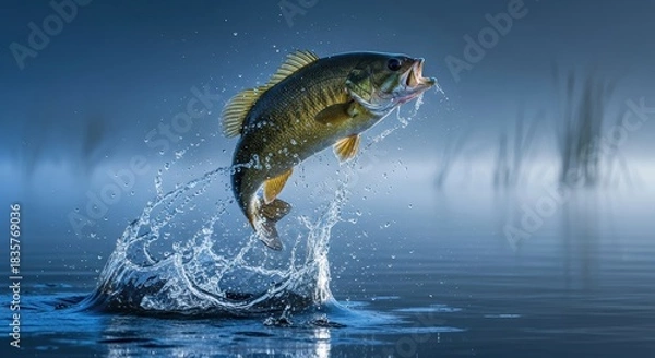 Fototapeta Bass fish leaps from water creating splash in aquatic habitat a dynamic wildlife scene showcasing power agility and natural beauty