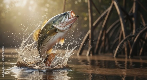 Fototapeta Large mouth bass leaps from the water casting spray against a golden bokeh backdrop in nature