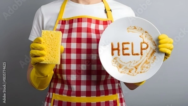Fototapeta woman with apron holds a sponge and a dirty plate with the word HELP written in food residue