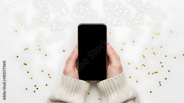 Fototapeta Hands holding a modern smartphone displaying a black screen surrounded by golden confetti, perfect for New Year's celebrations or festive event announcements