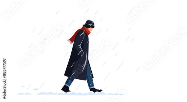 Fototapeta Illustration of a solitary figure walking in the rain wearing a long coat and scarf