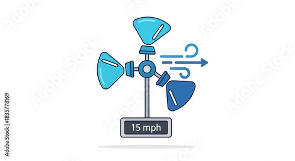 Fototapeta Illustration of a wind speed meter showing 15 mph on a white background for forecasting