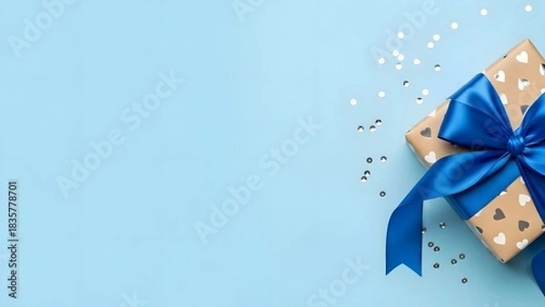 Fototapeta gift box with a blue ribbon and bow tied around it, set against a soft blue background with scattered confetti
