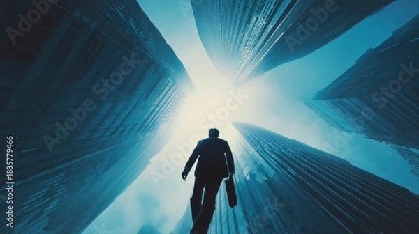 Obraz 高層ビルの狭間を歩くビジネスマン ― 未来へ向かう挑戦者