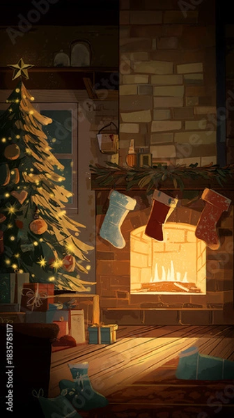 Fototapeta Christmas tree and fireplace with stockings in a cozy holiday scene indoors