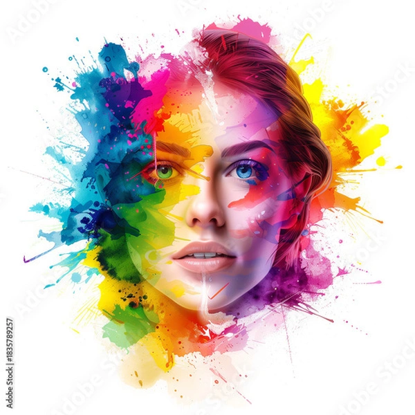 Fototapeta Vibrant artistic female portrait with explosive color splashes, expressive brush strokes, and a dynamic watercolor-inspired aesthetic
