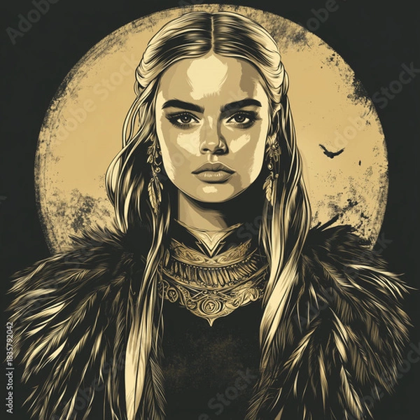 Fototapeta A powerful Viking-inspired warrior woman stands before a moonlit backdrop, adorned with fur and ornate armor, radiating strength, mystique, and legend