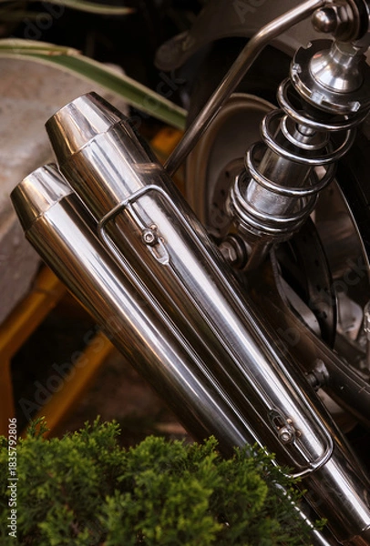 Obraz Close-up of the exhaust pipe of a vintage motorcycle.