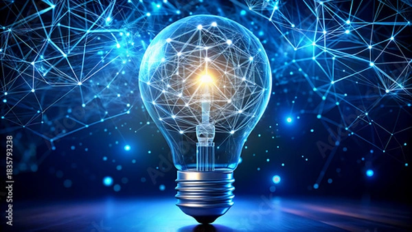Fototapeta Light bulb with glowing filament surrounded by a network of interconnected nodes concept for innovation and technological advancement