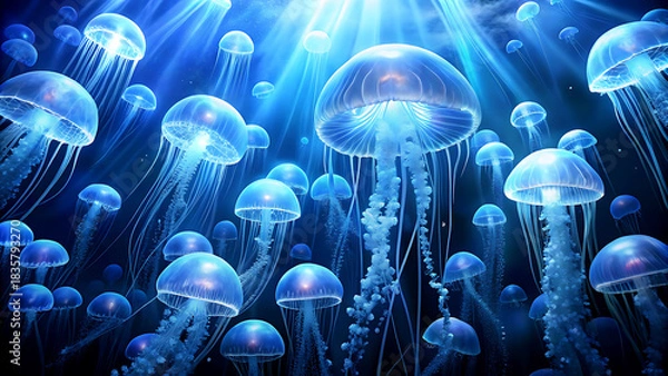 Fototapeta Luminous jellyfish swarm glowing in the deep ocean creating a mesmerizing underwater scene