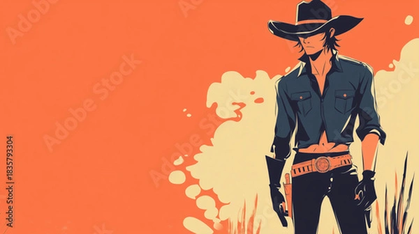 Fototapeta Stylish cowboy in a minimalist illustration standing against a desert backdrop, wearing a dark outfit and hat, evoking the classic Wild West atmosphere