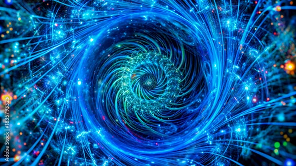 Fototapeta Abstract blue vortex background with glowing particles a swirling fractal design perfect for science and technology concepts