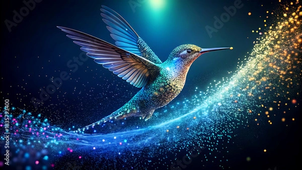 Fototapeta Hummingbird in flight with glowing trail vibrant colors and sparkling light a magical illustration for fantasy and nature themes