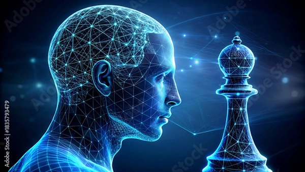 Fototapeta Artificial intelligence brain with chess rook representing strategy and machine learning for business and technology concepts