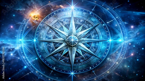 Fototapeta Mystical compass rose illustration glowing in a cosmic celestial scene ideal for navigation and fantasy concepts