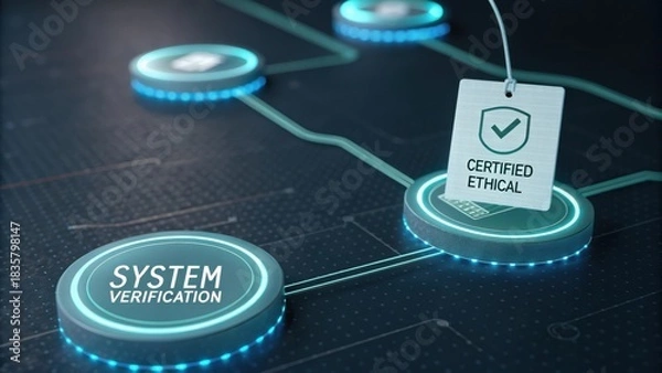 Fototapeta Digital System Verification Concept with Certified Ethical Badge on Futuristic Circuit Network Design and Neon Glow Elements