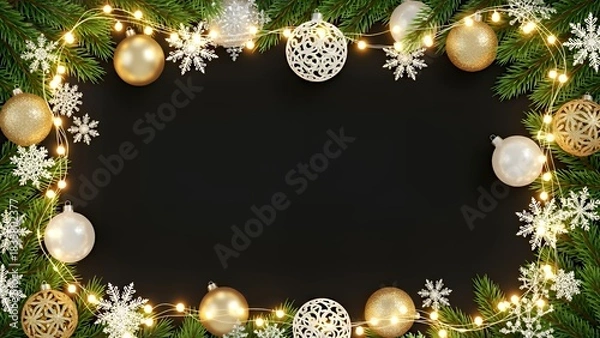 Fototapeta 黒背景に金と白のオーナメントが輝くクリスマスフレーム素材