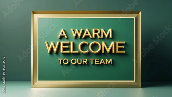 Fototapeta A greeting card with a green gradient background and a golden border. Place the 3d message 'A warm welcome to our team' in golden font