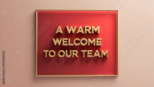 Fototapeta A greeting card with a red gradient background and a golden border. Place the 3d message 'A warm welcome to our team' in golden font