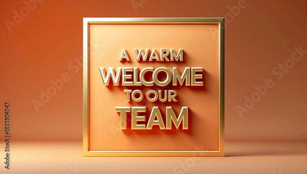 Fototapeta A greeting card with a orange gradient background and a golden border. Place the 3d message 'A warm welcome to our team' in golden font