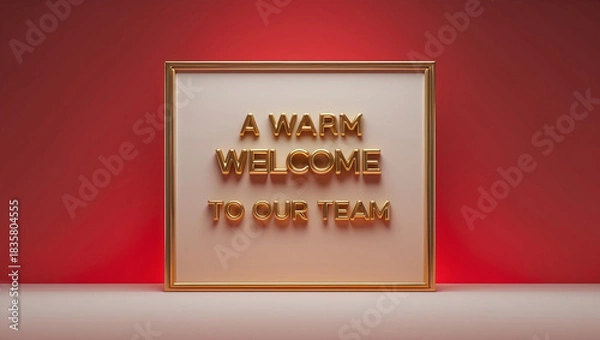 Fototapeta A greeting card with a red gradient background and a golden border. Place the 3d message 'A warm welcome to our team' in golden font