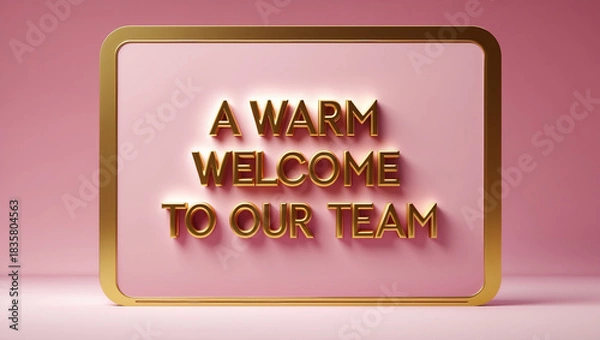 Fototapeta A greeting card with a pink gradient background and a golden border. Place the 3d message 'A warm welcome to our team' in golden font