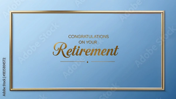 Fototapeta A gradient blue greeting card with a thin gold border, centered golden lettering saying ‘Congratulations on Your Retirement’.