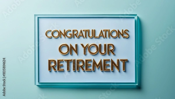 Fototapeta A greeting card with a gentle pastel blue backdrop. Feature glossy glass lettering for the message “Congratulations on your retirement.”