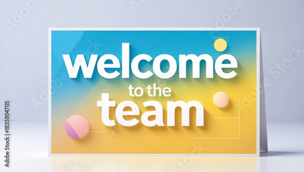 Fototapeta A greeting card design featuring the prominent text Welcome to the team in sleek modern typography, set against a bright vibrant gradient backdrop that transitions from soft blue to warm yellow