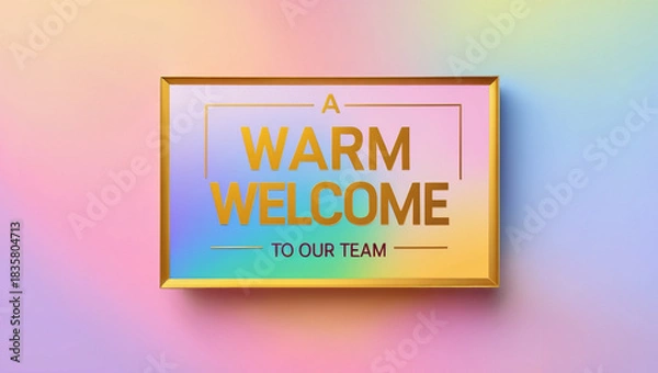 Fototapeta A welcome card using vibrant gradient colors. Feature bold golden frame and typography for the message “A warm welcome to our team” in the center. 