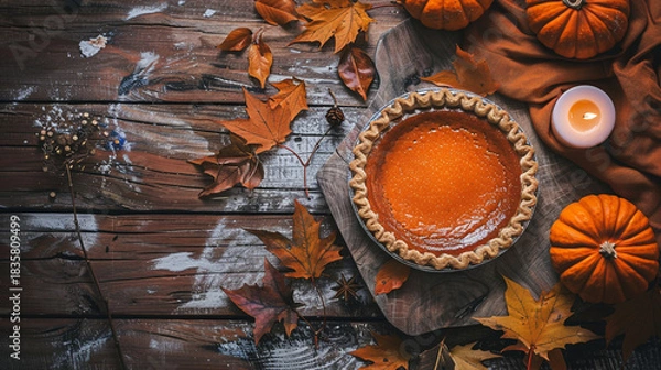 Fototapeta Classic Autumn Pumpkin Pie with Rustic Fall Leaves