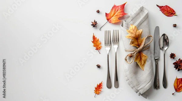 Fototapeta Autumn Minimalist Cutlery Setting with Fall Leaves