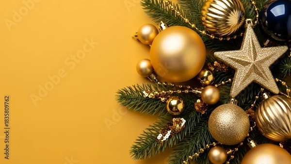 Fototapeta 鮮やかな黄色の背景と金の星やオーナメントのクリスマス素材