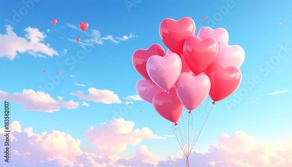 Obraz Heart Balloons Floating in a Dreamy Sky - A Symbol of Love and Happiness.