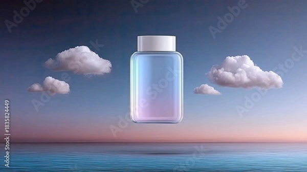 Fototapeta Bottle Floating with Clouds and Ocean