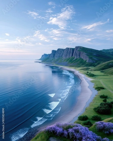 Fototapeta Coastal Cliffs and Beach with Waves Under a Blue Sky