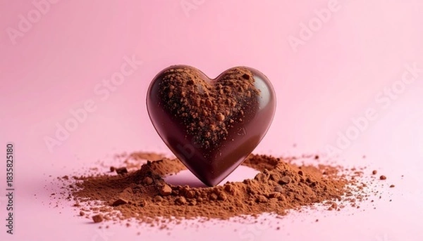 Obraz Chocolate Heart with Cocoa Powder on Pink Background.