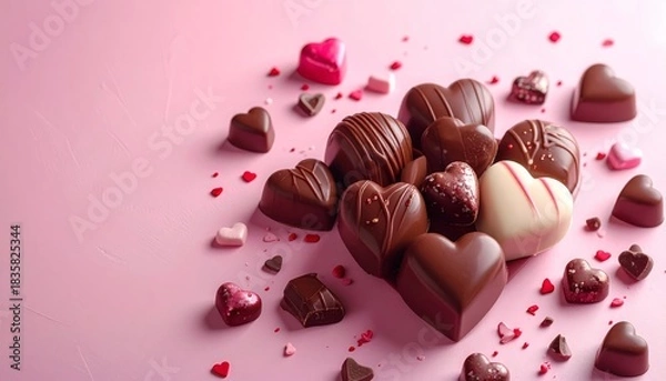 Obraz Heart-Shaped Chocolates on Pink Background - A Sweet Valentines Day Treat.