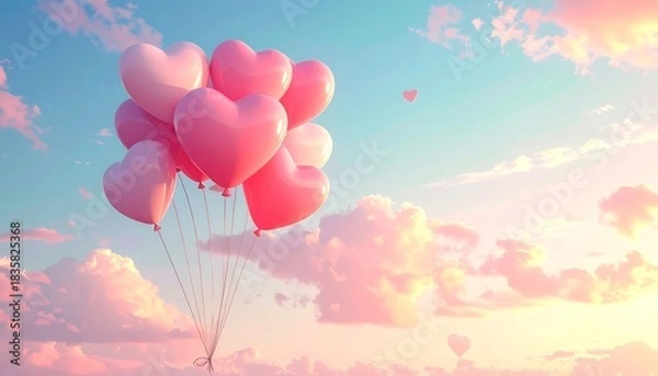 Obraz Pink Heart Balloons Floating in a Dreamy Sky.