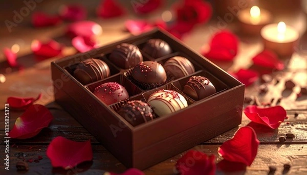 Obraz Romantic Chocolate Box with Rose Petals and Candles.