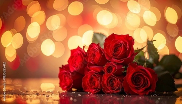 Obraz Romantic Red Roses with Bokeh Lights for Valentines Day.