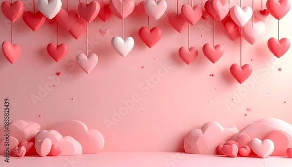 Obraz Romantic Valentines Day Backdrop with Hanging Hearts and Soft Pink Hues.