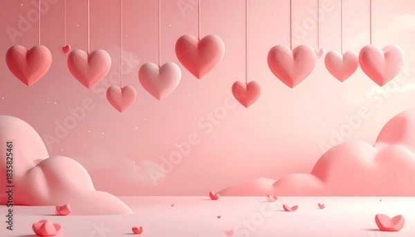 Obraz Romantic Valentines Day Scene with Hanging Hearts and Pink Clouds.