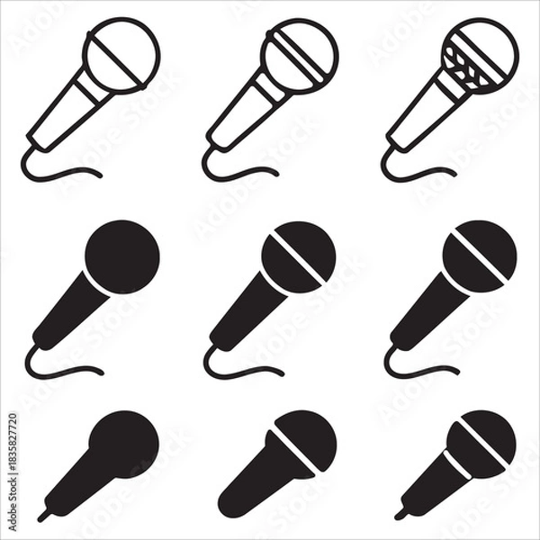 Obraz Collection of Modern Microphone Icons: Black and White Vector Symbols for Audio, Music, and Voice