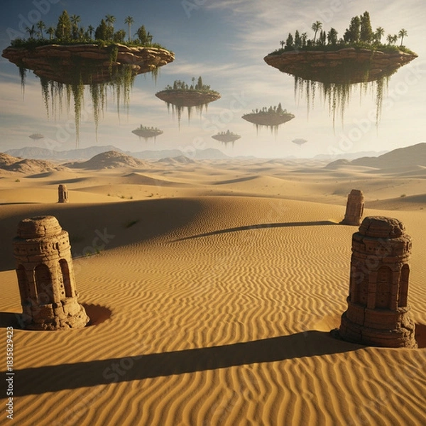 Obraz 사막 한 가운데 세워진 미스테리 조각과 공중 부유섬들
