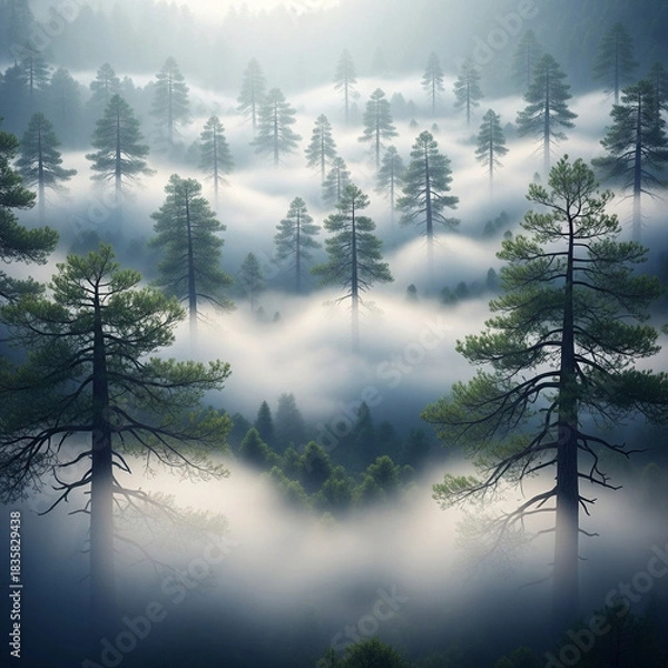 Obraz 안개가 자욱히 드리운 숲 속 언덕의 모습