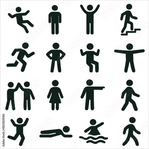 Obraz Human Action and Movement Icon Set: Pictograms of People in Various Poses and Activities
