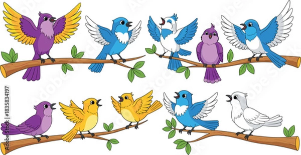 Fototapeta Set of colorful singing birds on tree branches with playful poses and cheerful expressions in cute cartoon vector illustration
