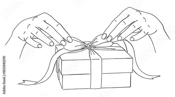 Obraz プレゼントボックスのリボンを結ぶ・ほどく手のイラスト,ギフト,贈り物,お祝い,ラッピング,サプライズ,シンプル,ベクター, 線画
