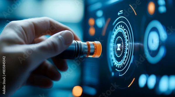 Fototapeta Hand using futuristic device on digital screen data display interface technology